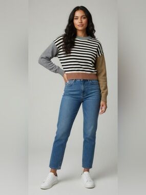 Striped Crewneck Sweater in Black, Cream, Gray, Olive & Tan